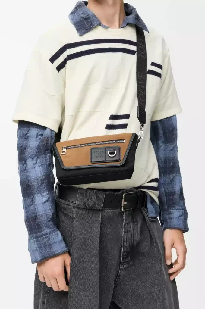 Mini Flex messenger in tela e pelle scamosciata Nero/Oro scuro