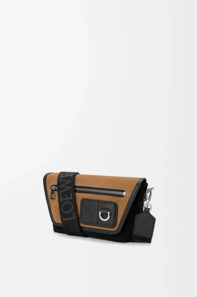 Mini Flex messenger in tela e pelle scamosciata Nero/Oro scuro