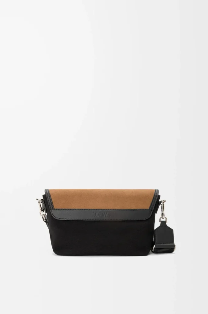 Mini Flex messenger in tela e pelle scamosciata Nero/Oro scuro