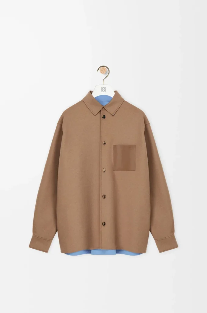 Overshirt in lana vergine e cashmere Camel/Blu