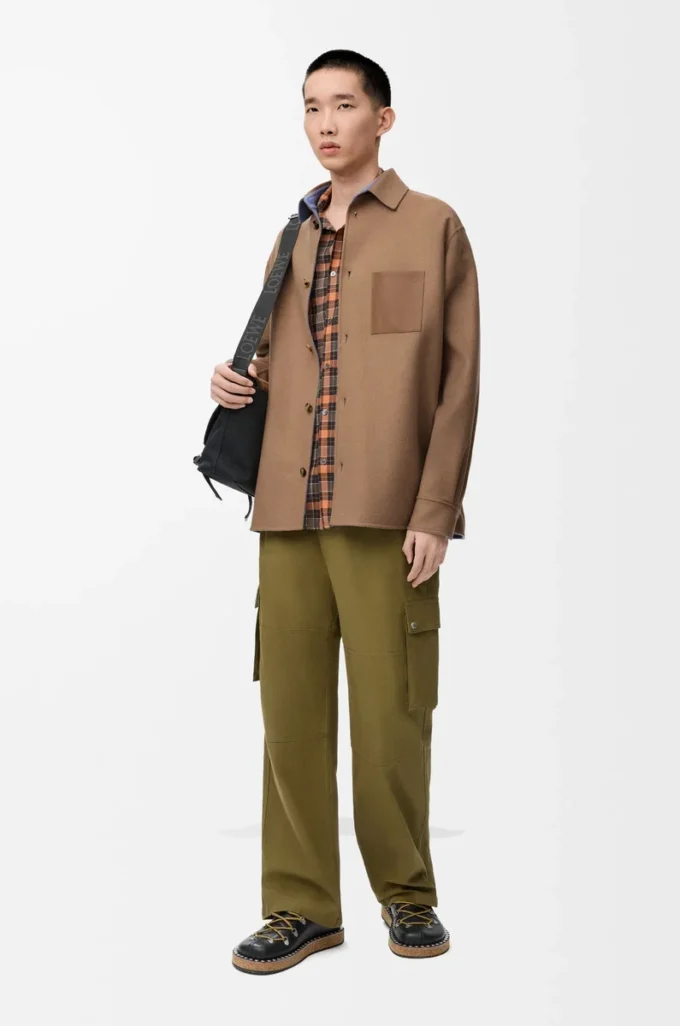 Overshirt in lana vergine e cashmere Camel/Blu