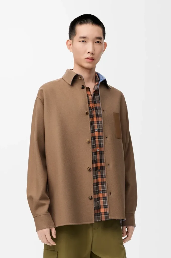 Overshirt in lana vergine e cashmere Camel/Blu