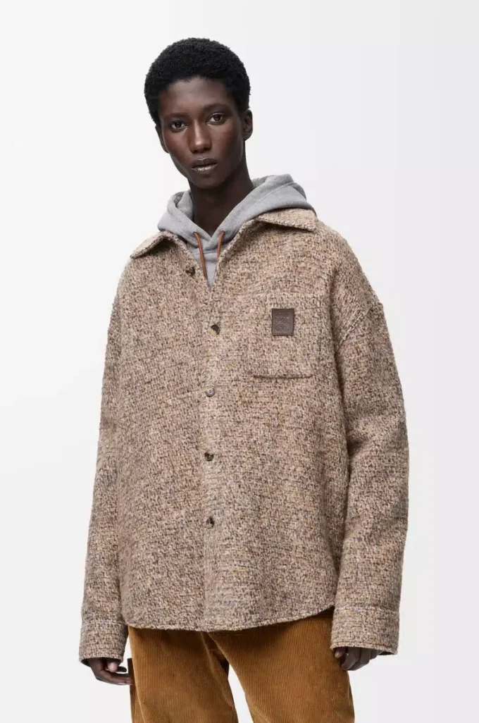 Overshirt in misto lana e lama Beige/Blu Melange