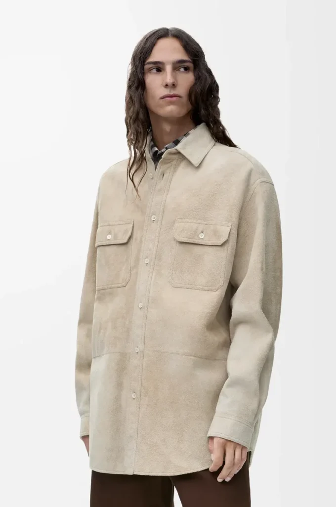 Overshirt in pelle di agnello scamosciata Bianca Overshirt in pelle di agnello scamosciata Bianca