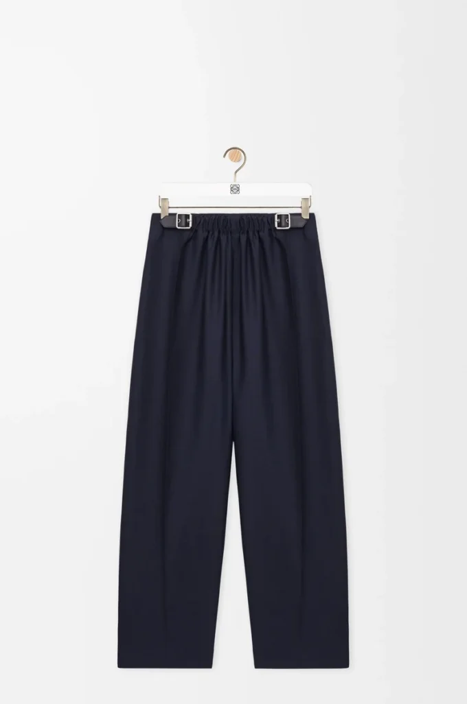 Pantaloni con cintura in lana e seta blu navy Pantaloni con cintura in lana e seta blu navy