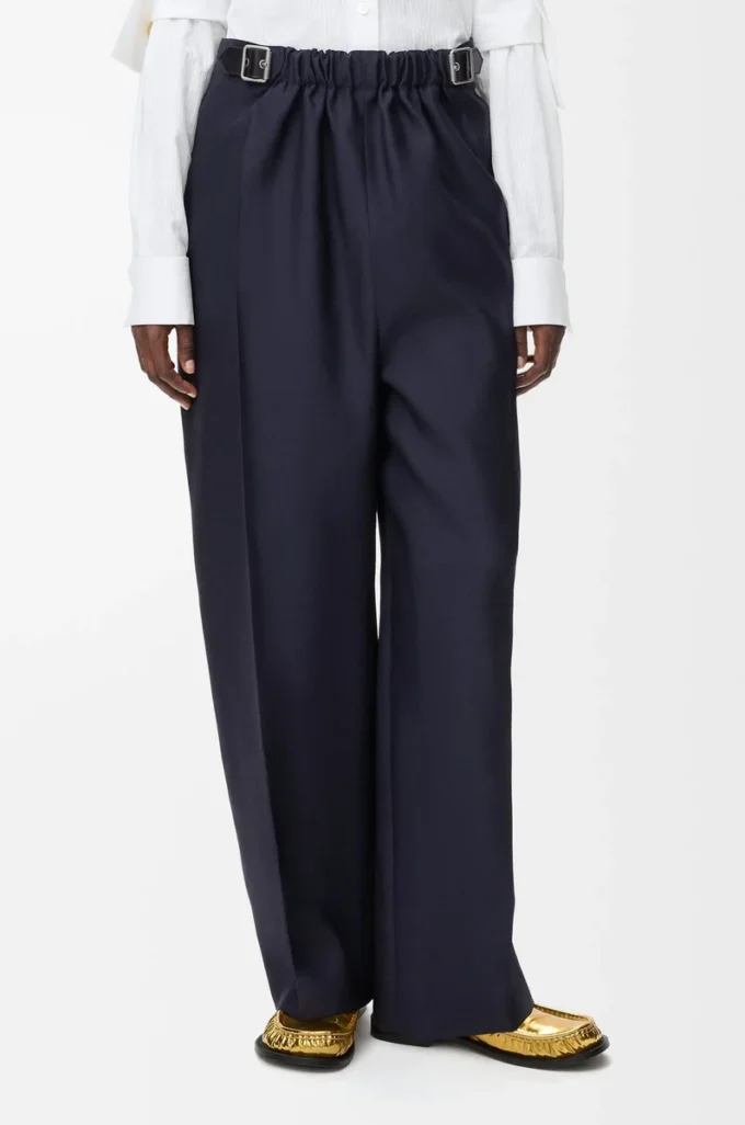 Pantaloni con cintura in lana e seta blu navy Pantaloni con cintura in lana e seta blu navy