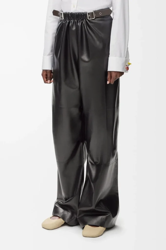 Pantaloni con cintura in pelle di agnello nappa Nero Pantaloni con cintura in pelle di agnello nappa Nero