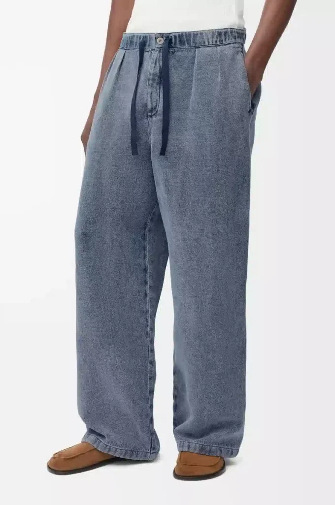 Pantaloni con coulisse in cotone e lino Grigio blu Pantaloni con coulisse in cotone e lino Grigio blu