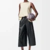 Pantaloni cropped in pelle di agnello nappa Nero