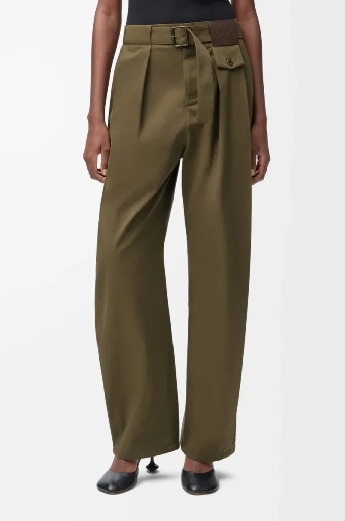 Pantaloni in cotone e seta verde kaki