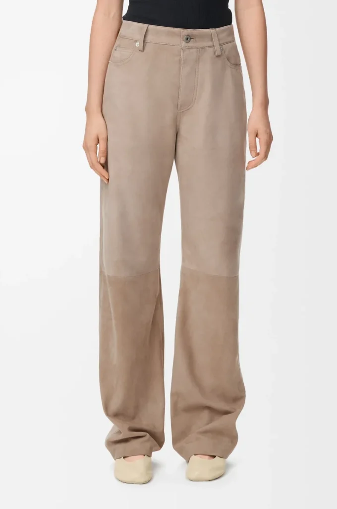 Pantaloni in pelle scamosciata di capra Beige scuro