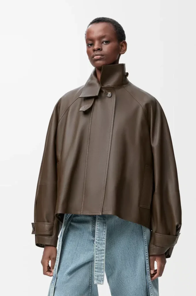 Parka corto in pelle di vitello nappa Verde scuro