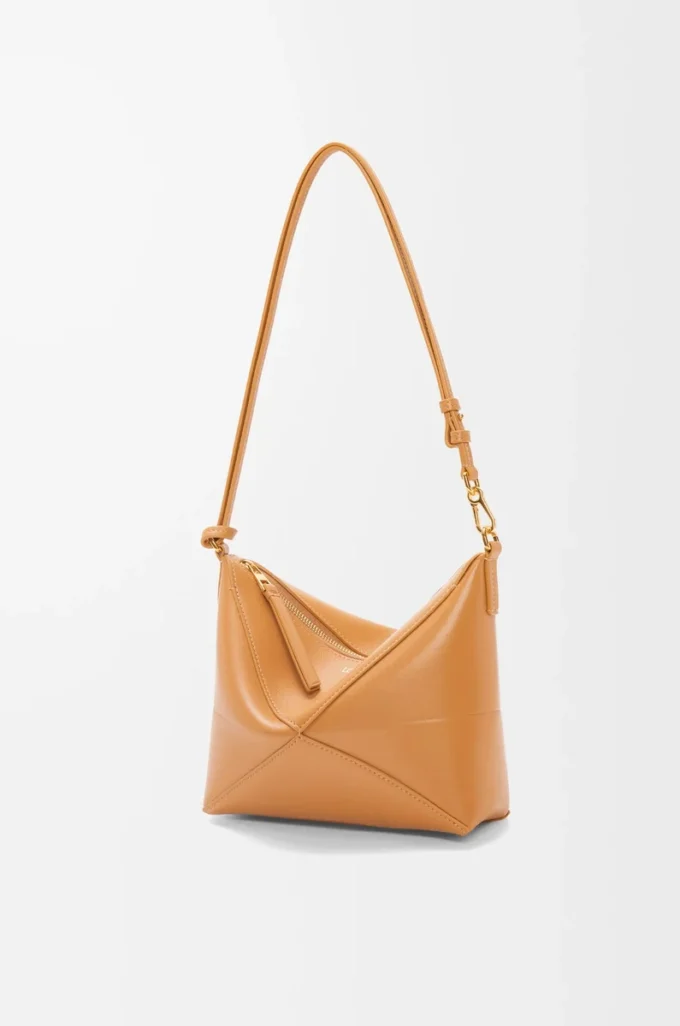 Pochette Puzzle Fold in pelle di vitello nappa lucida Warm Desert