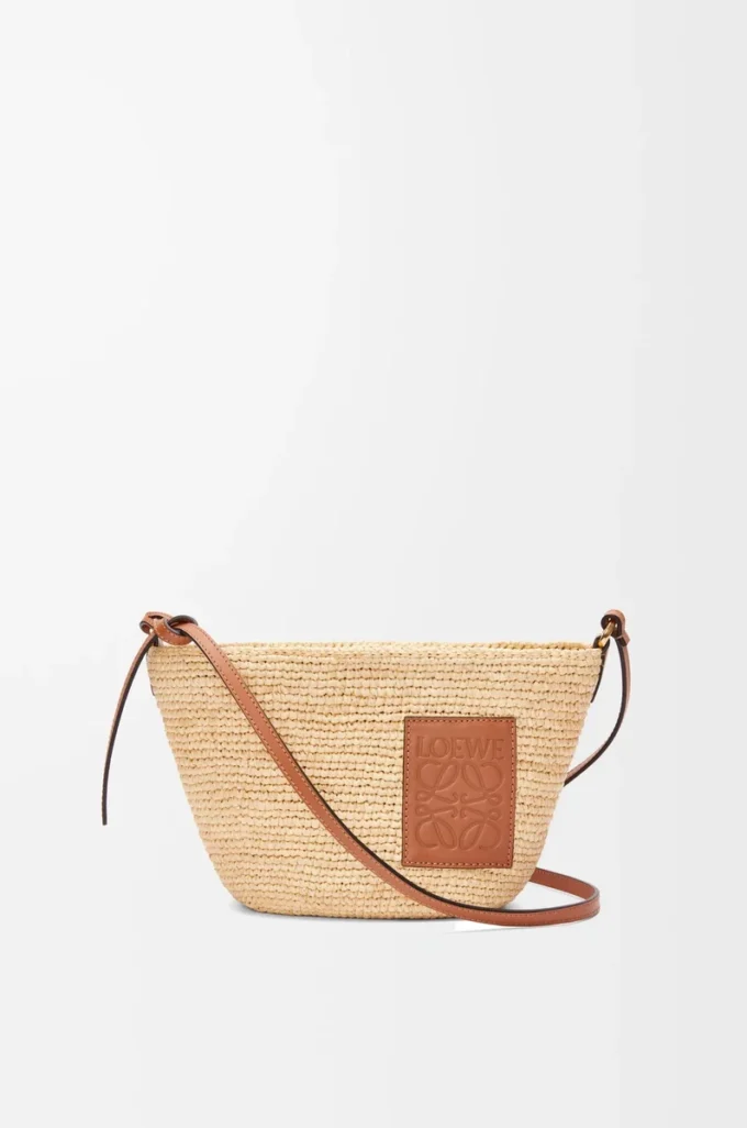 Pochette Slit in rafia e pelle di vitello Naturale/Marrone chiaro