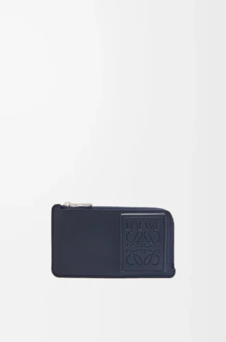 Portacarte e portamonete in pelle di vitello satinata blu navy scuro
