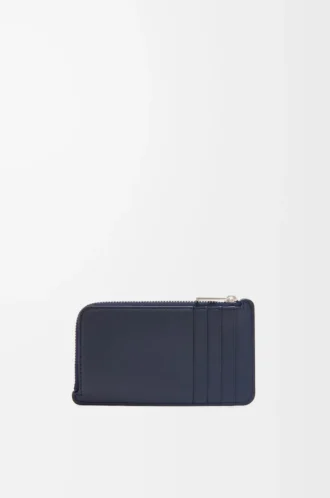 Portacarte e portamonete in pelle di vitello satinata blu navy scuro