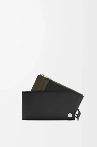 Portacarte e portamonete Pebble Slider in pelle di vitello nappa lucida nera/kaki scuro