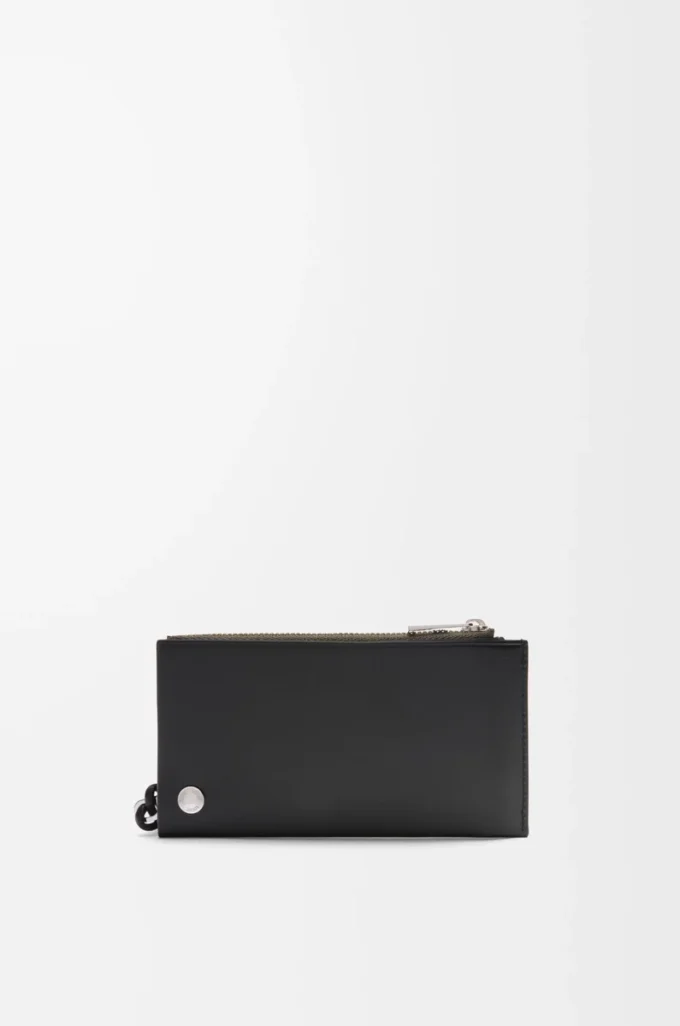 Portacarte e portamonete Pebble Slider in pelle di vitello nappa lucida nera/kaki scuro Portacarte e portamonete Pebble Slider in pelle di vitello nappa lucida nera/kaki scuro