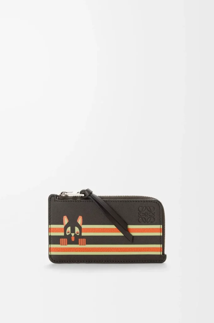 Portacarte portamonete Futurist Cat in classica pelle di vitello Dark Taupe/Orange