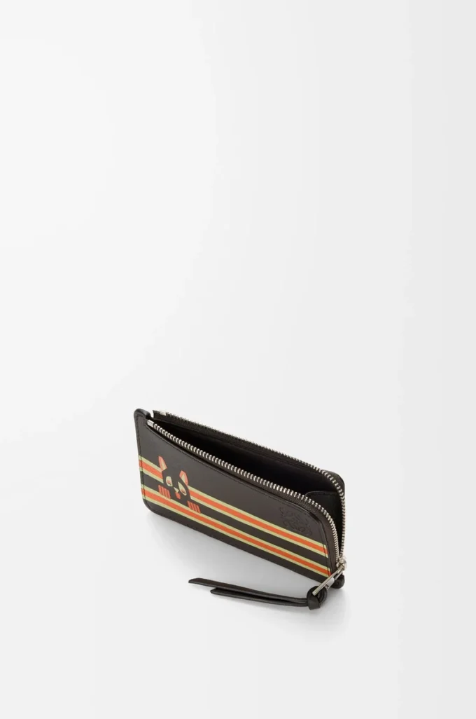 Portacarte portamonete Futurist Cat in classica pelle di vitello Dark Taupe/Orange