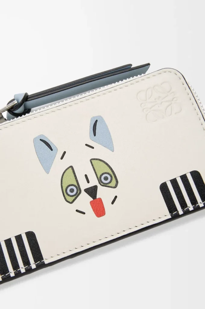 Portacarte portamonete Futurist Cat in classica pelle di vitello Soft White