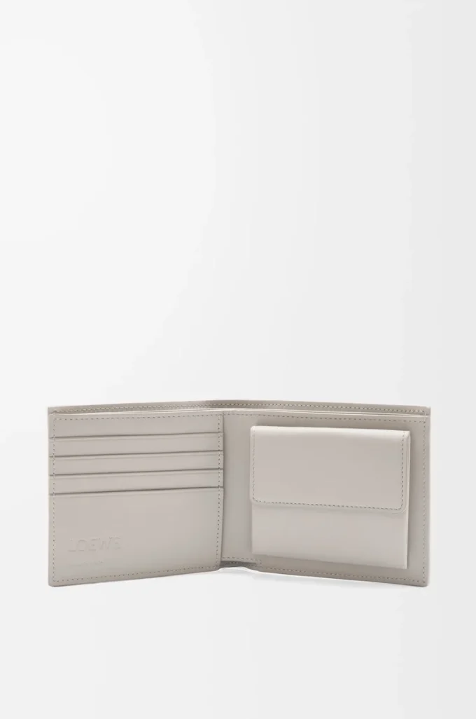 Portamonete bifold in pelle di vitello classica testurizzata Shell Grey