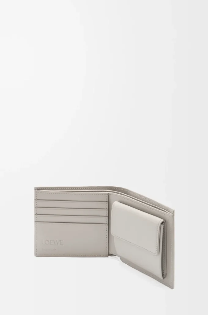 Portamonete bifold in pelle di vitello classica testurizzata Shell Grey