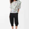Top drappeggiato in taffetà misto seta azzurro/multicolore