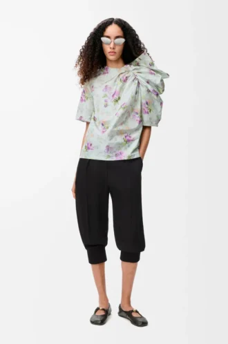 Top drappeggiato in taffetà misto seta azzurro/multicolore