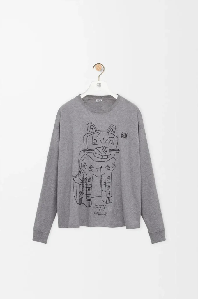 T-shirt a maniche lunghe in cotone grigio melange
