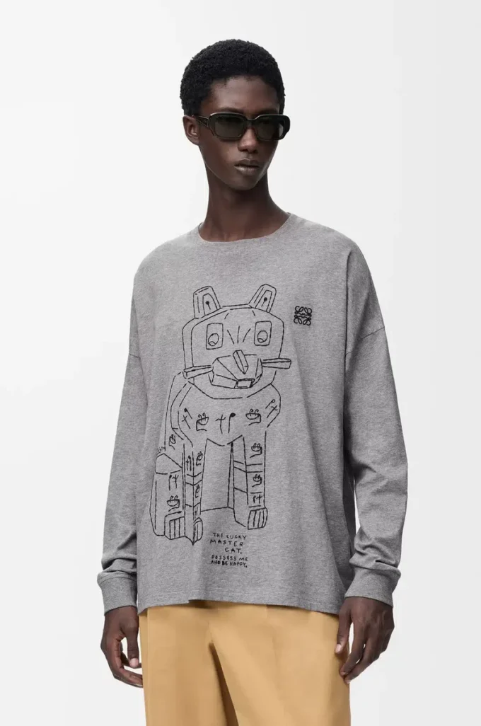 T-shirt a maniche lunghe in cotone grigio melange
