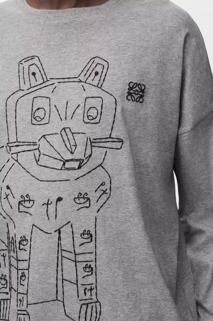 T-shirt a maniche lunghe in cotone grigio melange