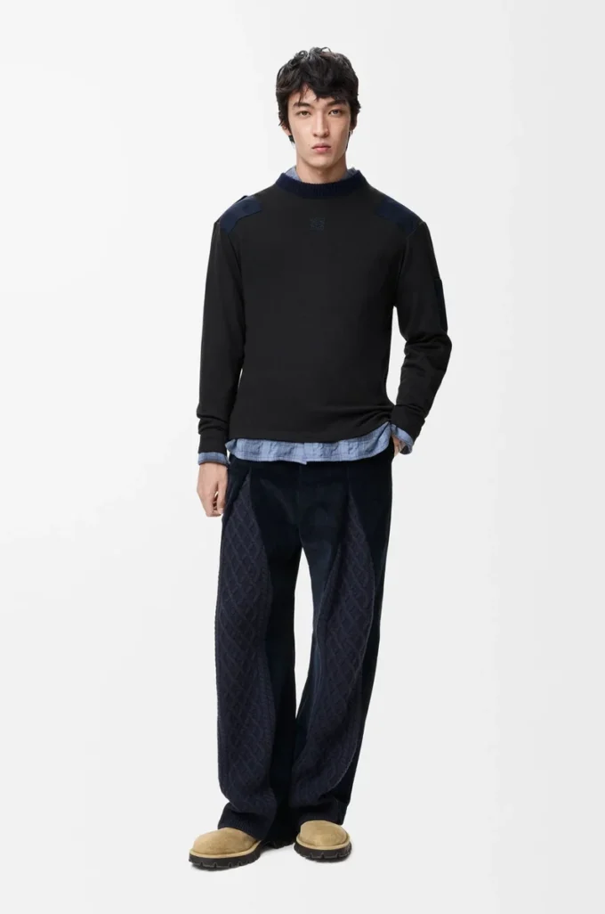Top a maniche lunghe in misto cotone antracite/blu navy scuro