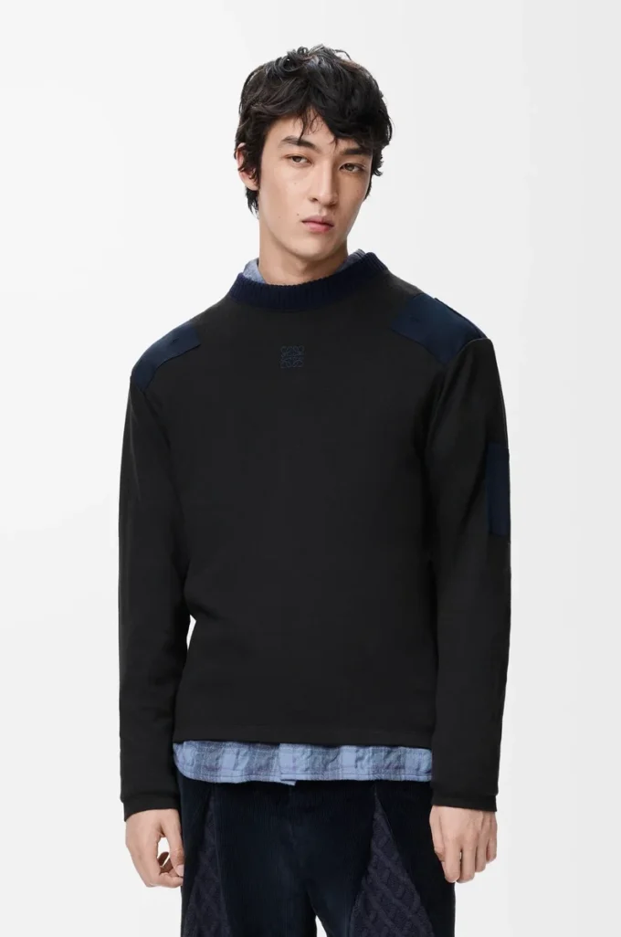 Top a maniche lunghe in misto cotone antracite/blu navy scuro