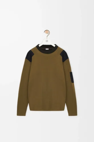 Top a maniche lunghe in misto cotone color cachi/nero