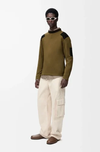 Top a maniche lunghe in misto cotone color cachi/nero
