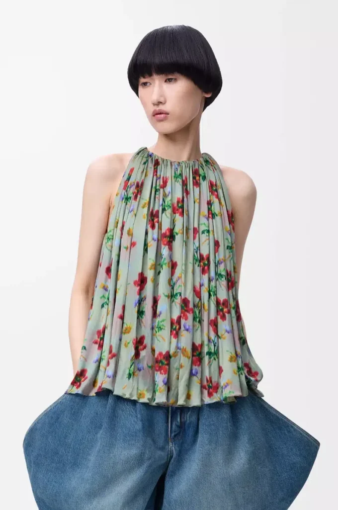 Top con scollo all’americana in viscosa verde/rosso