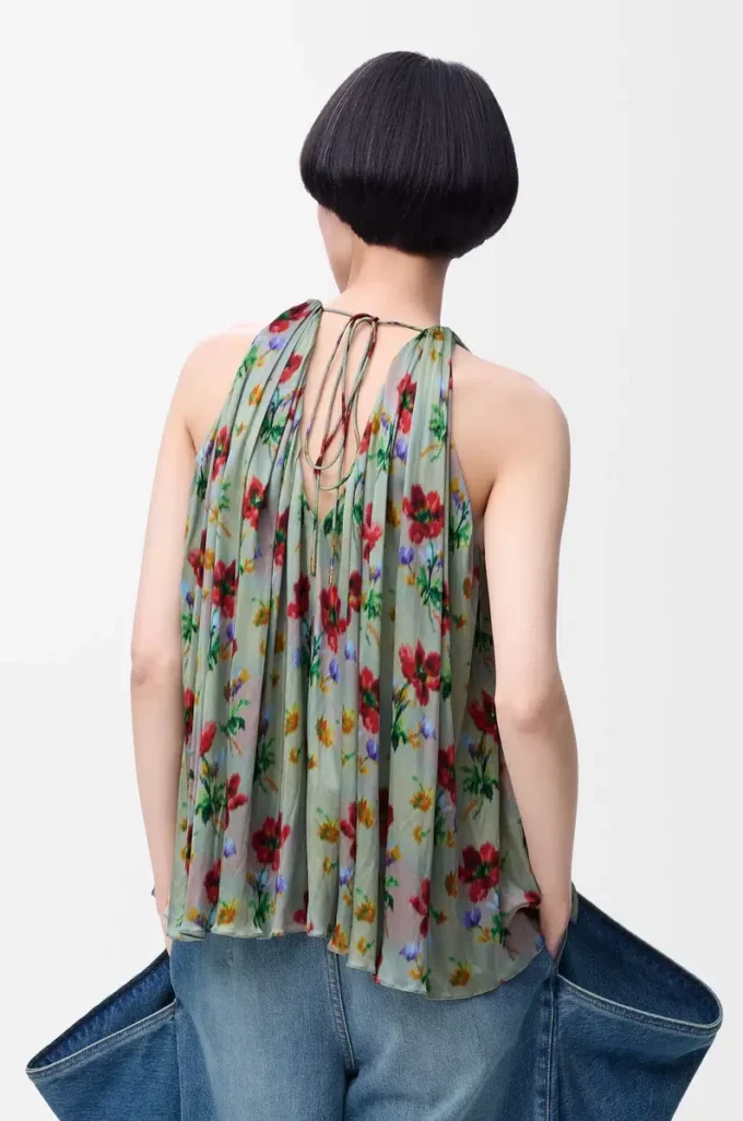 Top con scollo all’americana in viscosa verde/rosso