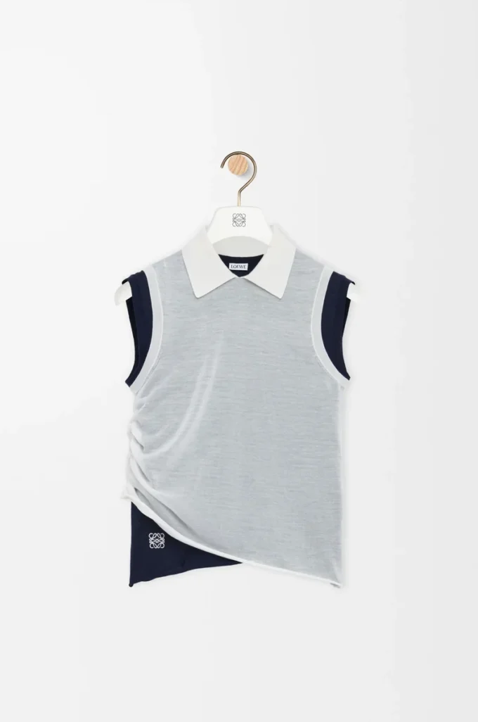 Top drappeggiato in cashmere Bianco/Blu navy