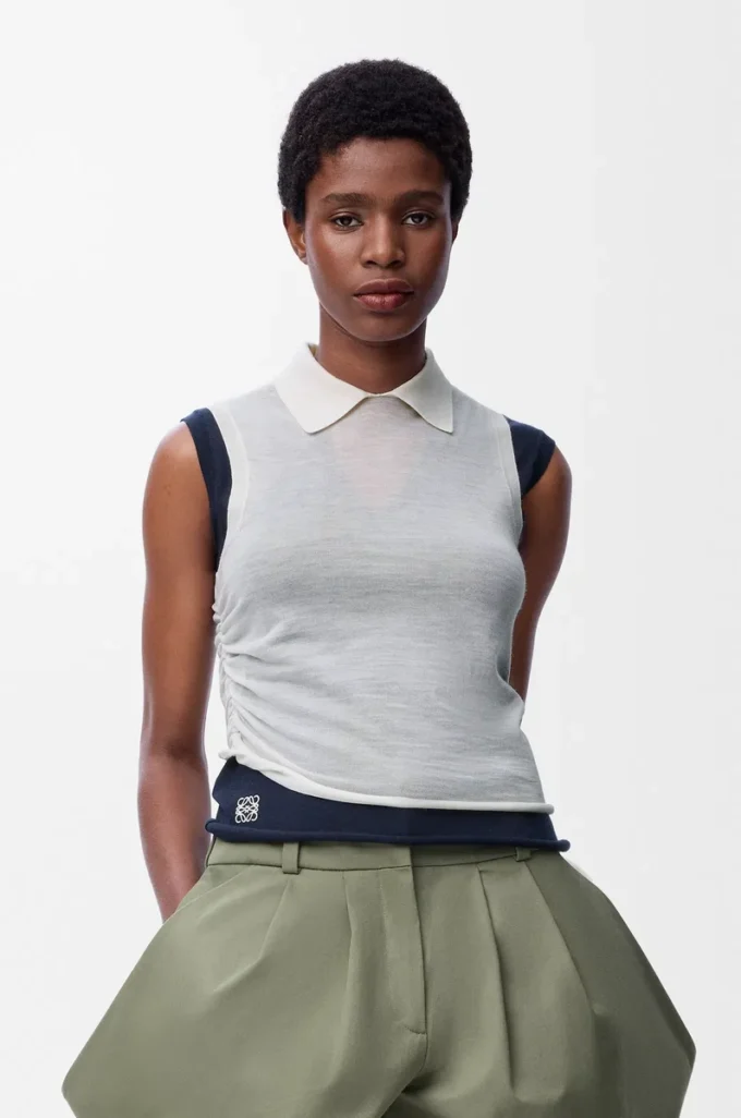 Top drappeggiato in cashmere Bianco/Blu navy
