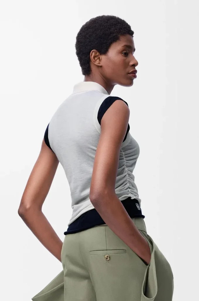 Top drappeggiato in cashmere Bianco/Blu navy