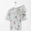 Top drappeggiato in taffetà misto seta azzurro/multicolore