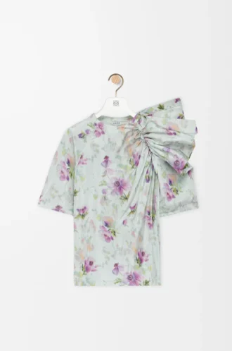 Top drappeggiato in taffetà misto seta azzurro/multicolore