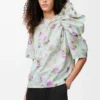 Top drappeggiato in taffetà misto seta azzurro/multicolore