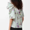 Top drappeggiato in taffetà misto seta azzurro/multicolore
