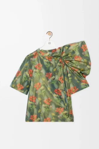 Top drappeggiato in taffetà misto seta Verde scuro/Rosso
