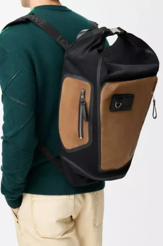 Zaino Flex roll-top in tela e pelle scamosciata Nero/Oro scuro